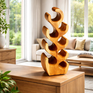 Kompakter Weinhalter aus massivem Akazienholz im skulpturalen Kaktus-Design (70 cm hoch, Platz für 8 Flaschen), handgefertigtes Naturholz-Unikat als Weinregal für Wohnzimmer, Esszimmer oder Hausbar in der Schweiz