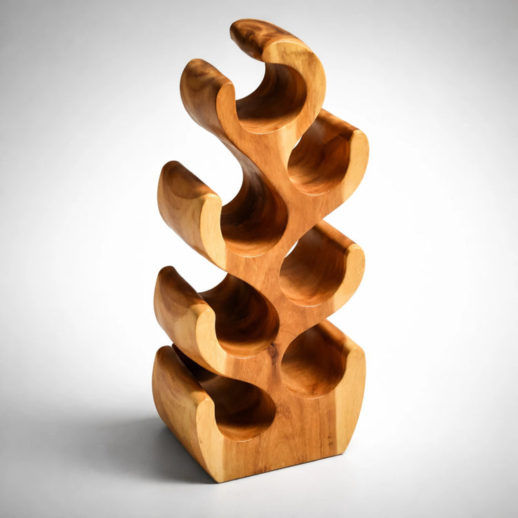 Kompakter Weinhalter aus massivem Akazienholz im skulpturalen Kaktus-Design (70 cm hoch, Platz für 8 Flaschen), handgefertigtes Naturholz-Unikat als Weinregal für Wohnzimmer, Esszimmer oder Hausbar in der Schweiz