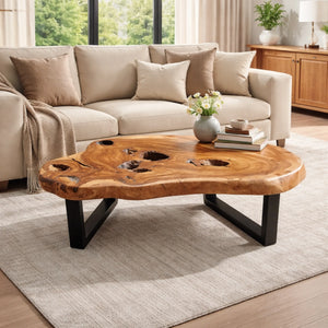 Rechteckiger Couchtisch aus dunkler Akazien-Baumscheibe (101 x 80 x 43 cm, 8 cm starke Platte) mit naturbelassener Oberfläche, Baumkante, Astlöchern und schwarzen Metallbeinen im Industrial-Stil, Massivholz-Unikat für Wohnzimmercouch, Lounge oder Empfangsbereich in der Schweiz
