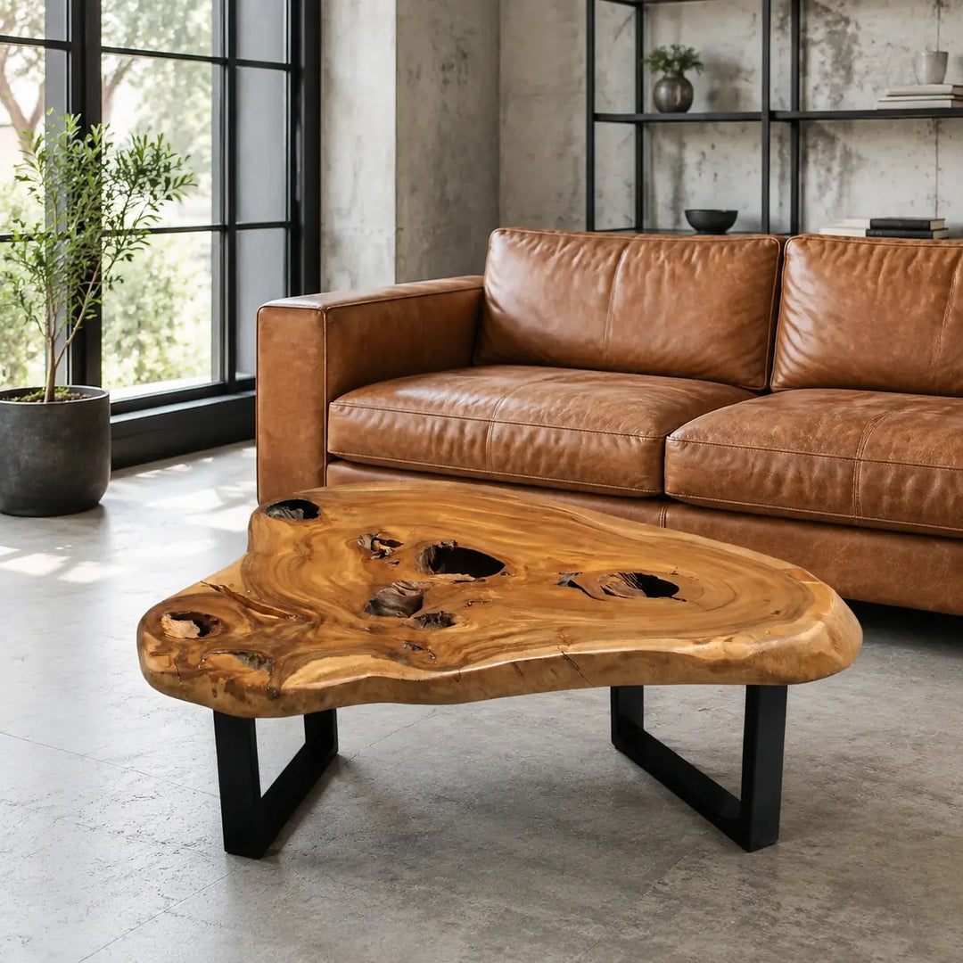 Rechteckiger Couchtisch aus dunkler Akazien-Baumscheibe (101 x 80 x 43 cm, 8 cm starke Platte) mit naturbelassener Oberfläche, Baumkante, Astlöchern und schwarzen Metallbeinen im Industrial-Stil, Massivholz-Unikat für Wohnzimmercouch, Lounge oder Empfangsbereich in der Schweiz
