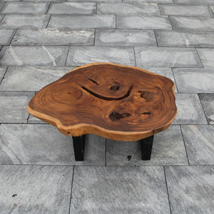 `Salontisch aus massiver Suarholz-Baumscheibe (100 x 72 x 43 cm, 8 cm starke Platte) mit organischer Naturform, weißlicher Baumkante, Baumloch und Metallbeinen, Naturholz-Couchtisch für scandi, boho oder asiatisch inspiriertes Wohnen in der Schweiz`
