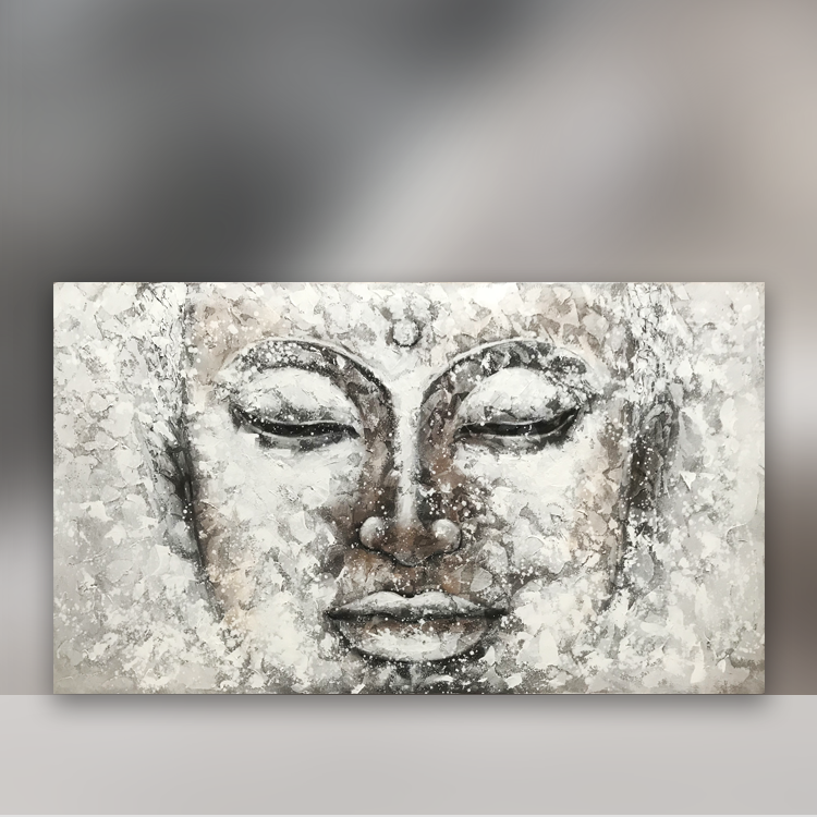 XXL Buddha Wandbild 200 x 110 cm, handbemaltes weißes Leinwandbild mit Ölrelief und Holzrahmen, ruhiger Blickfang über Sofa, Bett oder in Loft, Praxis, Spa oder Hotel Lobby in der Schweiz