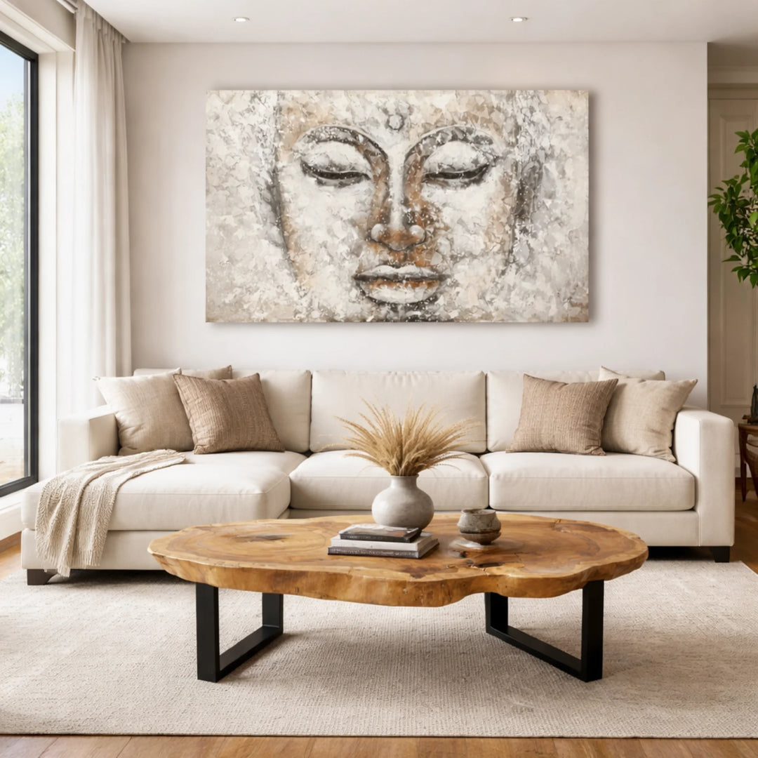 XXL Buddha Wandbild 200 x 110 cm, handbemaltes weißes Leinwandbild mit Ölrelief und Holzrahmen, ruhiger Blickfang über Sofa, Bett oder in Loft, Praxis, Spa oder Hotel Lobby in der Schweiz