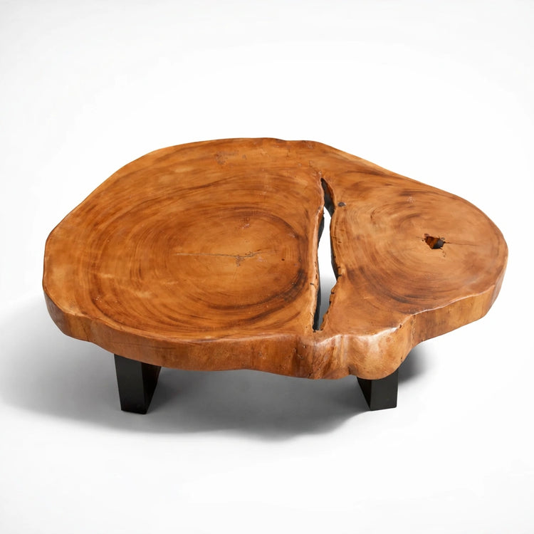 Naturholz-Couchtisch aus einer Akazie/Suarholz-Baumscheibe (ca. 96 × 75 × 43 cm, 8 cm starke Platte) mit „Sonnenschlitz“, Naturkante und Unikat-Maserung, Design-Baumstammtisch für Wohnzimmer, Lounge oder Wintergarten in der Schweiz