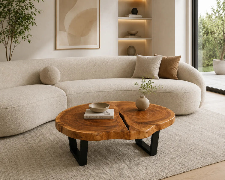 Naturholz-Couchtisch aus einer Akazie/Suarholz-Baumscheibe (ca. 96 × 75 × 43 cm, 8 cm starke Platte) mit „Sonnenschlitz“, Naturkante und Unikat-Maserung, Design-Baumstammtisch für Wohnzimmer, Lounge oder Wintergarten in der Schweiz