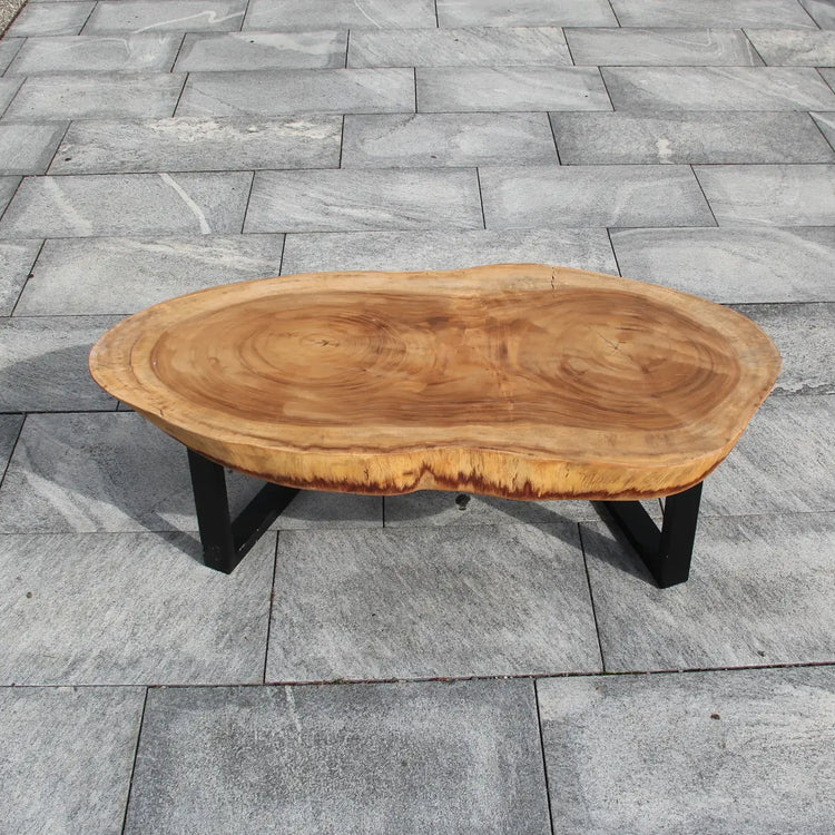 Ovaler Couchtisch aus dunkler Akazien-Baumscheibe (130 x 65 x 43 cm, 8 cm starke Platte) mit natürlicher Baumkante, eleganter Massivholz-Salontisch für Sofalandschaft, Lounge oder überdachte Terrasse in der Schweiz
