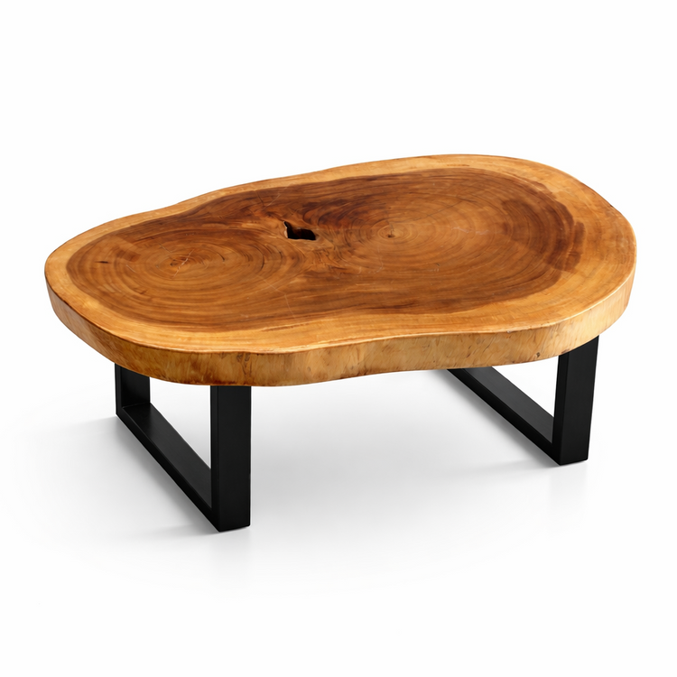 Ovaler Baumstamm-Couchtisch aus Akazie (Suarholz-Baumscheibe, 113 x 80 x 43 cm, 8 cm stark) mit Naturkante und Baumloch, Massivholz-Unikat für Wohnzimmer, Lounge oder Wintergarten in der Schweiz