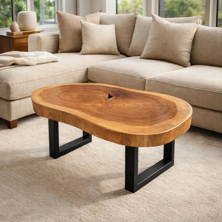 Ovaler Baumstamm-Couchtisch aus Akazie (Suarholz-Baumscheibe, 113 x 80 x 43 cm, 8 cm stark) mit Naturkante und Baumloch, Massivholz-Unikat für Wohnzimmer, Lounge oder Wintergarten in der Schweiz