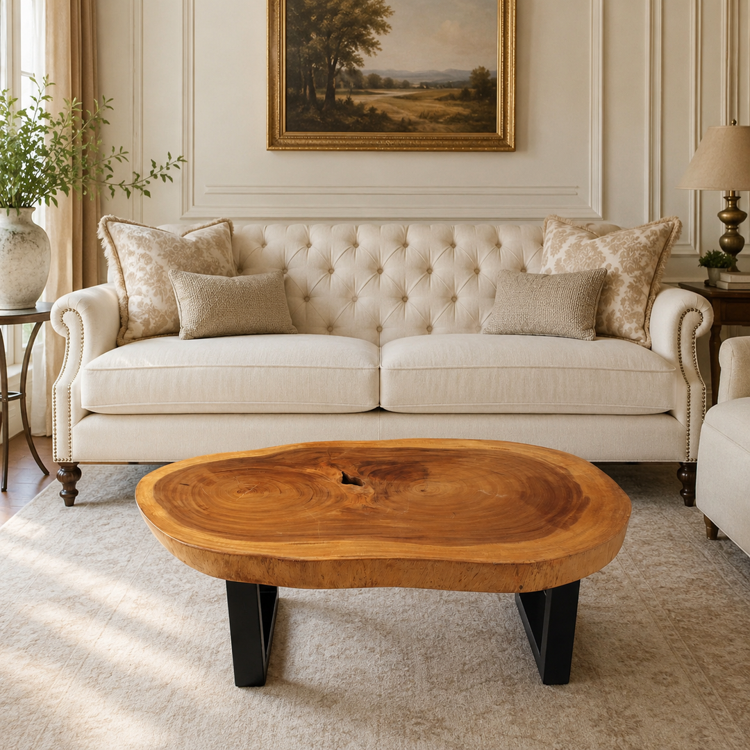 Ovaler Baumstamm-Couchtisch aus Akazie (Suarholz-Baumscheibe, 113 x 80 x 43 cm, 8 cm stark) mit Naturkante und Baumloch, Massivholz-Unikat für Wohnzimmer, Lounge oder Wintergarten in der Schweiz