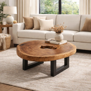 Runder Couchtisch aus Akazie (Suarholz-Baumscheibe, ca. 85 x 75 cm) auf Metallgestell, Unikat für kleines Wohnzimmer in Schaffhausen