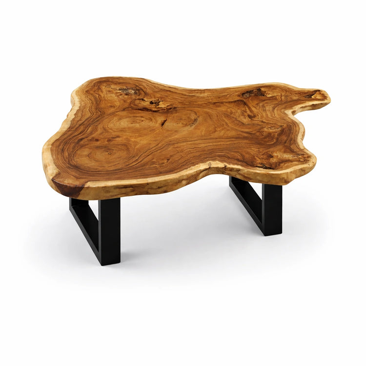 Salontisch aus massiver Akazie-Baumscheibe (95 x 92 x 43 cm, 8 cm starke Platte) mit Naturkante und organischer Form, kompakter Naturholz-Couchtisch im asiatisch inspirierten Stil für kleine Wohnzimmer in der Schweiz