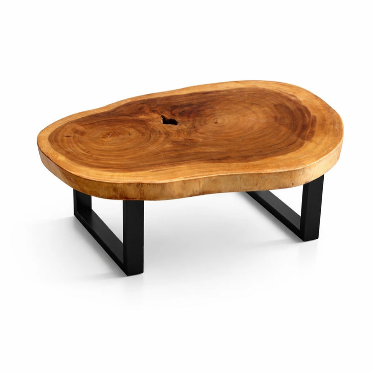 Salontisch aus massiver Akazien-Baumscheibe (114 x 67 x 43 cm, 8 cm starke Platte) mit organisch-ovaler Naturform, Baumkante, sichtbaren Jahresringen und Astloch, Naturholz-Unikat-Couchtisch für Wohnzimmer, Loft oder Chalet in der Schweiz`
