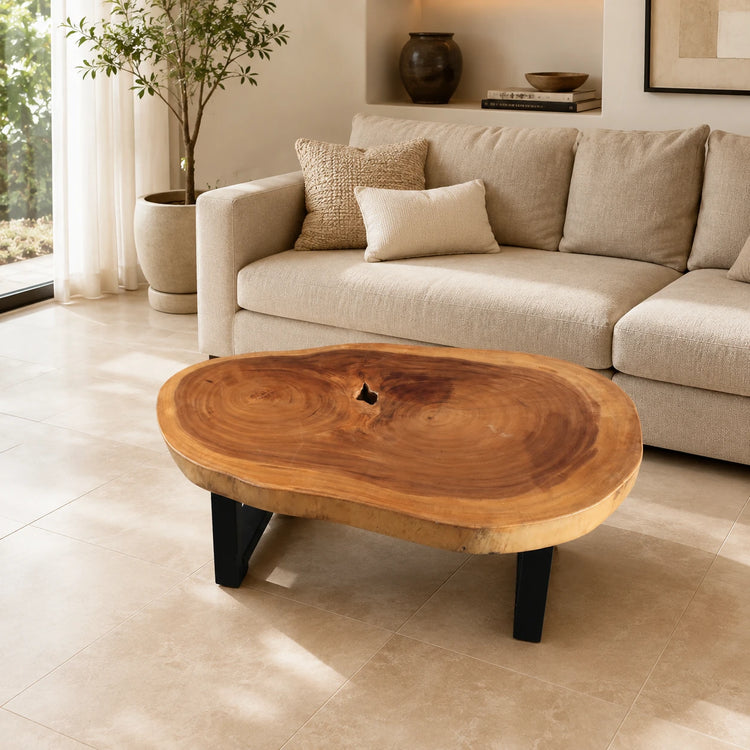 Salontisch aus massiver Akazien-Baumscheibe (114 x 67 x 43 cm, 8 cm starke Platte) mit organisch-ovaler Naturform, Baumkante, sichtbaren Jahresringen und Astloch, Naturholz-Unikat-Couchtisch für Wohnzimmer, Loft oder Chalet in der Schweiz