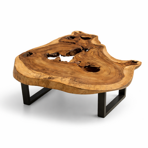 Holzstamm-Salontisch aus massiver Akazien-Baumscheibe (107 x 100 x 43 cm, 8 cm starke Platte) mit organischer Naturform und sichtbaren Jahresringen, naturbelassenes Massivholz-Unikat als Couchtisch für Wohnzimmer, Leseecke oder Wintergarten in der Schweiz