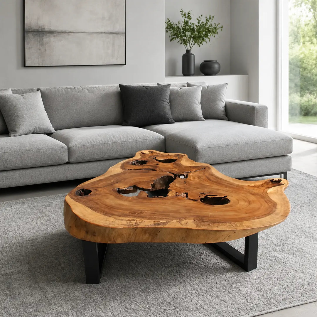 Holzstamm-Salontisch aus massiver Akazien-Baumscheibe (107 x 100 x 43 cm, 8 cm starke Platte) mit organischer Naturform und sichtbaren Jahresringen, naturbelassenes Massivholz-Unikat als Couchtisch für Wohnzimmer, Leseecke oder Wintergarten in der Schweiz`
