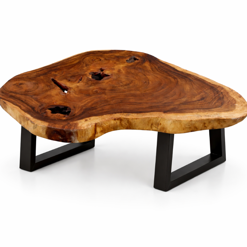 Baumstammtisch aus massiver Akazien-Baumscheibe (120 x 87 x 43 cm, 8 cm starke Platte) mit Naturkante, großer Naturholz-Salontisch als Couchtisch für Sofalandschaften, Loft-Wohnzimmer oder Wintergarten in der Schweiz