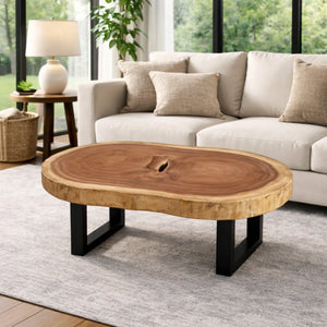 Salontisch aus massiver Akazien-Baumscheibe (105 x 72 x 43 cm, 8 cm starke Platte) in nierenförmiger Naturform mit sichtbaren Jahresringen, Holzstamm-Unikat im chemiefreien Naturholz-Look für Wohnzimmer und Lounge in der Schweiz
