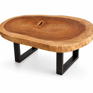 Salontisch aus massiver Akazien-Baumscheibe (105 x 72 x 43 cm, 8 cm starke Platte) in nierenförmiger Naturform mit sichtbaren Jahresringen, Holzstamm-Unikat im chemiefreien Naturholz-Look für Wohnzimmer und Lounge in der Schweiz