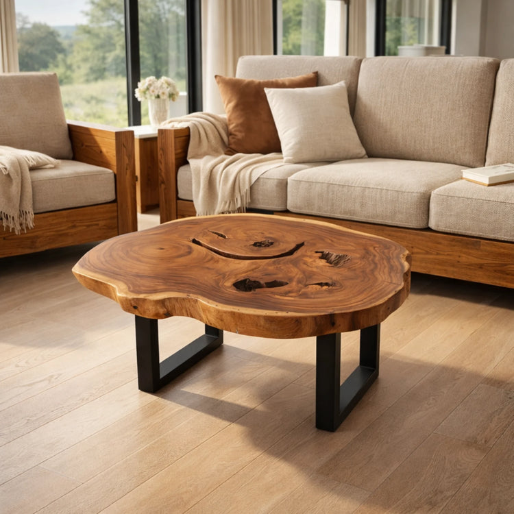 Salontisch aus massiver Suarholz-Baumscheibe (100 x 72 x 43 cm, 8 cm starke Platte) mit organischer Naturform, weißlicher Baumkante, Baumloch und Metallbeinen, Naturholz-Couchtisch für scandi, boho oder asiatisch inspiriertes Wohnen in der Schweiz