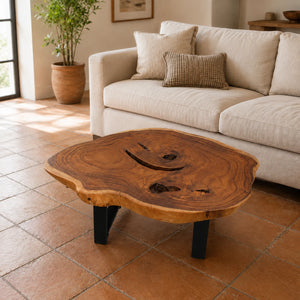 Salontisch aus massiver Suarholz-Baumscheibe (100 x 72 x 43 cm, 8 cm starke Platte) mit organischer Naturform, weißlicher Baumkante, Baumloch und Metallbeinen, Naturholz-Couchtisch für scandi, boho oder asiatisch inspiriertes Wohnen in der Schweiz