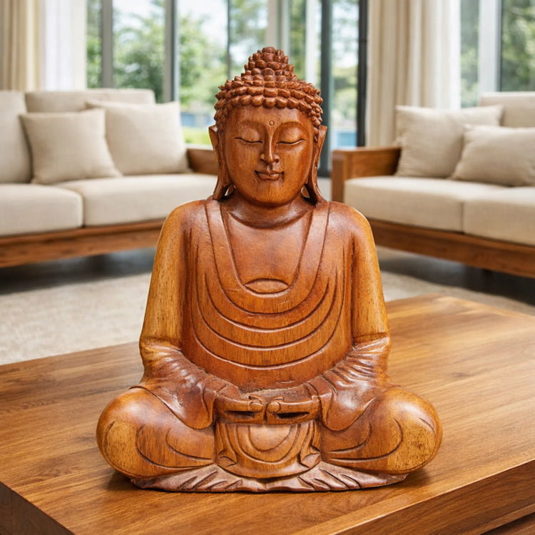 Sitzende Buddha Statue 30 cm aus handgeschnitztem, naturbelassenem Akazienholz, kleine Holz-Buddha Figur für Wohnzimmer, Meditationsraum, Büro oder Praxis in der Schweiz