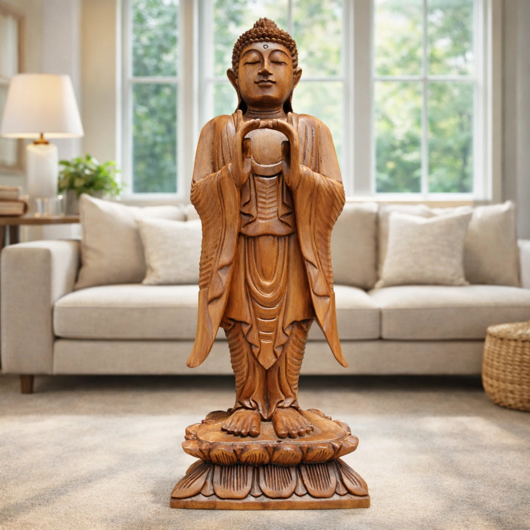 Stehende Buddha Holzfigur 80 cm aus massivem Akazienholz in Anjali Mudra, handgeschnitzte Buddha Statue als ruhiger Blickfang und asiatische Deko für Wohnzimmer, Eingangsbereich, Praxis, Yoga-Studio oder Garten in der Schweiz