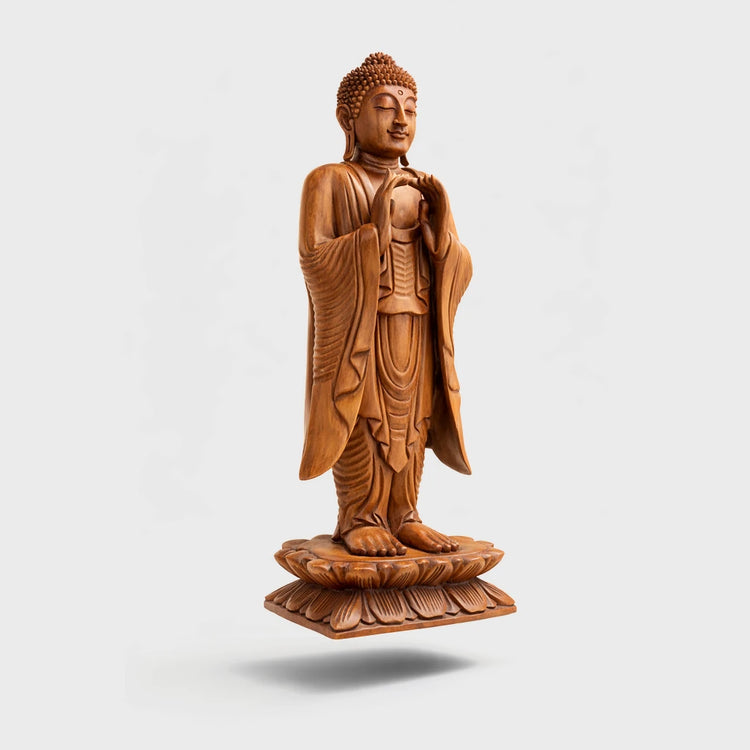 Stehende Buddha Holzfigur 80 cm aus massivem Akazienholz in Anjali Mudra, handgeschnitzte Buddha Statue als ruhiger Blickfang und asiatische Deko für Wohnzimmer, Eingangsbereich, Praxis, Yoga-Studio oder Garten in der Schweiz