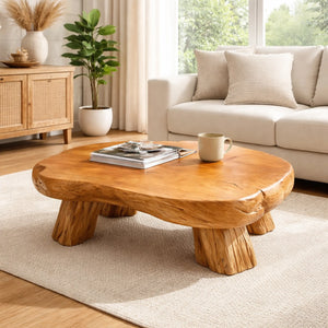 Tatami-Tisch aus massiver Teakholz-Baumscheibe (60 x 60 x 25 cm, 7 cm starke Platte) für Bodensitzen, Teezeremonie und Meditation, chemiefreies Naturholz-Unikat als niedriger Couchtisch oder Pflanzentisch im Wohnzimmer, Wintergarten oder auf dem Balkon in der Schweiz