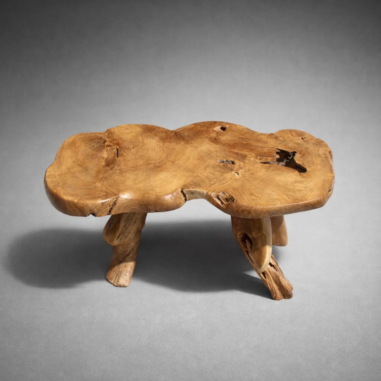 Rechteckiger Teak-Couchtisch aus massiver Baumscheibe (115 × 70 × 50 cm, ca. 7 cm starke Platte) mit sanfter Baumkante und goldbrauner Maserung, Massivholz-Unikat als Wohnzimmertisch für moderne, skandinavische oder rustikale Wohnzimmer in der Schweiz