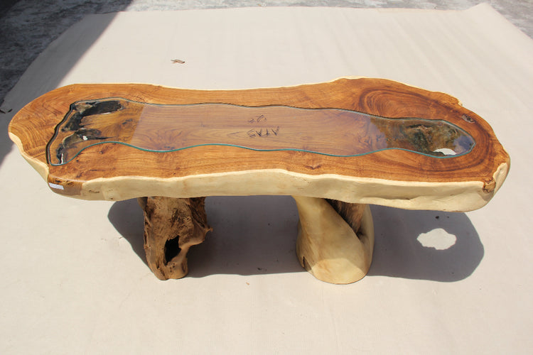 Teak Wurzel Couchtisch mit Glasplatte, naturbelassener Wohnzimmertisch kaufen