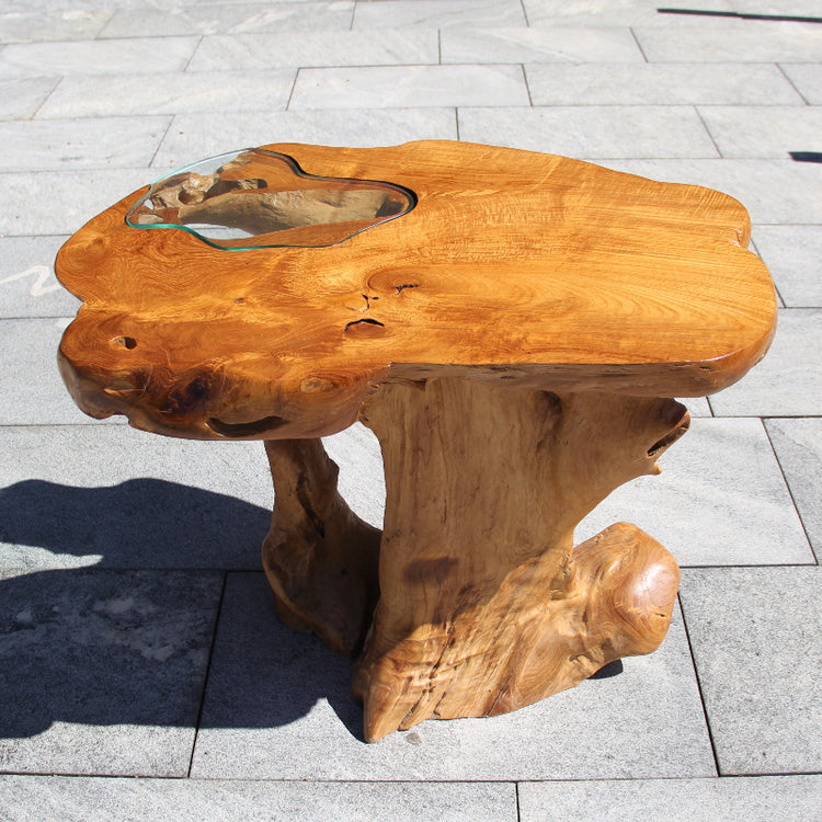 Teak Wurzeltisch für Garten & Terrasse | Outdoor Couchtisch mit Glas kaufen
