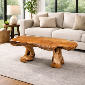 Teakholz-Wurzeltisch aus massiver Baumscheibe (155 x 50 x 50 cm, ca. 15 cm starke Platte) mit echten Wurzelbeinen, naturbelassenes Design-Unikat als ökologischer Couchtisch für Wohnzimmer, Lounge oder Wintergarten in der Schweiz