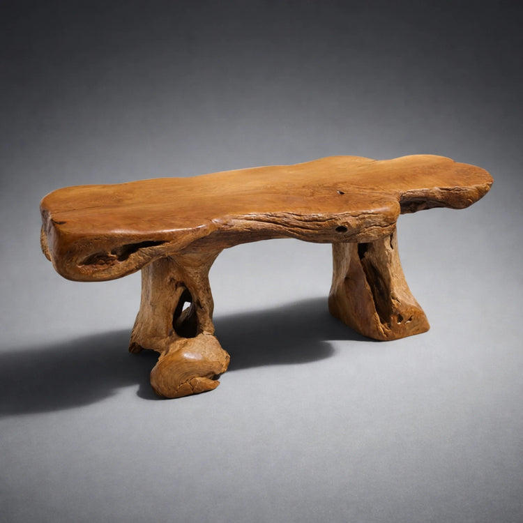 Teakholz-Wurzeltisch aus massiver Baumscheibe (155 x 50 x 50 cm, ca. 15 cm starke Platte) mit echten Wurzelbeinen, naturbelassenes Design-Unikat als ökologischer Couchtisch für Wohnzimmer, Lounge oder Wintergarten in der Schweiz