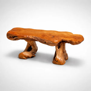 Teakholz-Wurzeltisch aus massiver Baumscheibe (155 x 50 x 50 cm, ca. 15 cm starke Platte) mit echten Wurzelbeinen, naturbelassenes Design-Unikat als ökologischer Couchtisch für Wohnzimmer, Lounge oder Wintergarten in der Schweiz