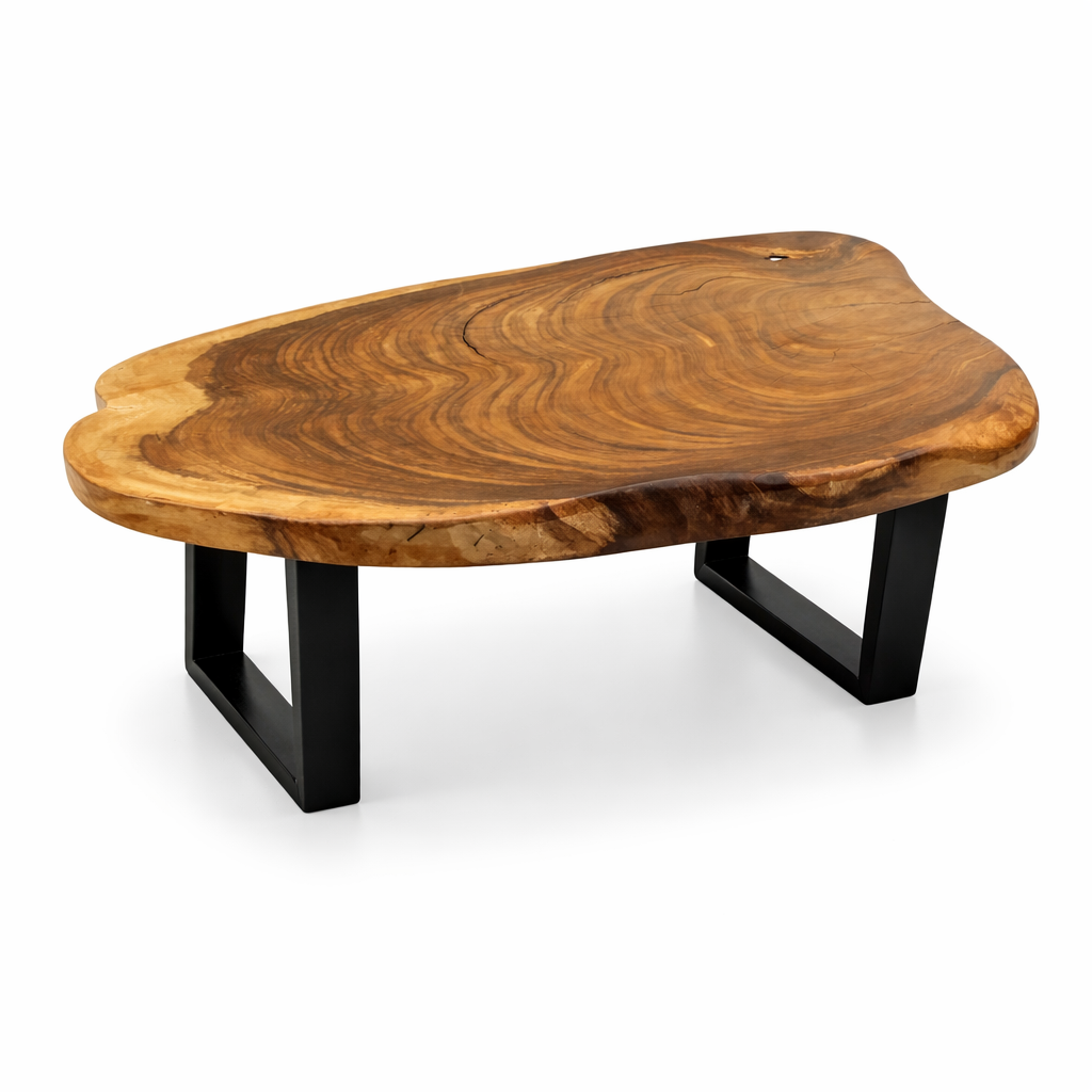 Tisch aus Baumstamm / Akazien-Baumscheibe (113 × 65 × 43 cm, ca. 8 cm starke Platte) mit naturbelassener Holzmaserung und Baumkante, Massivholz-Couchtisch für skandinavisches Wohnzimmer, Loft, Chalet oder Stadtwohnung in der Schweiz