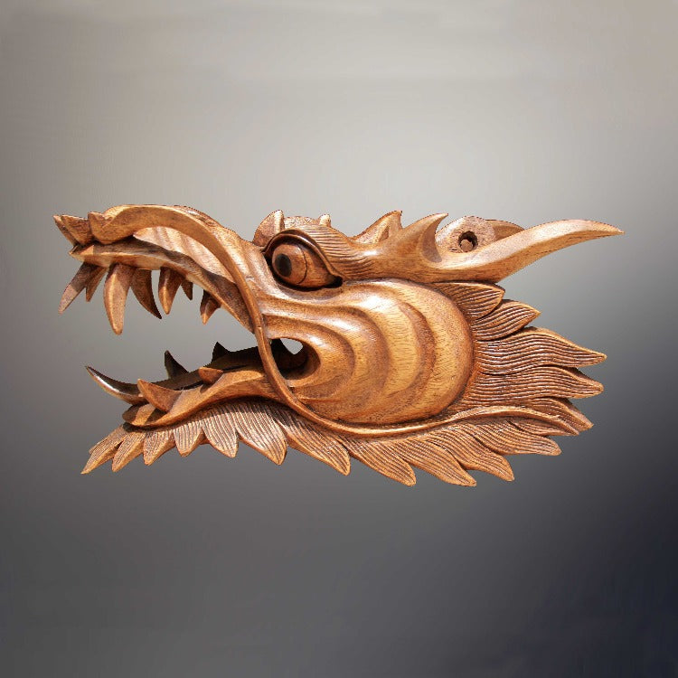 Tisch Deko Drache aus Holz 33 cm – handgeschnitzte Drachen Statue aus massivem Akazienholz als asiatische Tischdekoration für Wohnzimmer, Büro, Praxis oder Empfang in der Schweiz