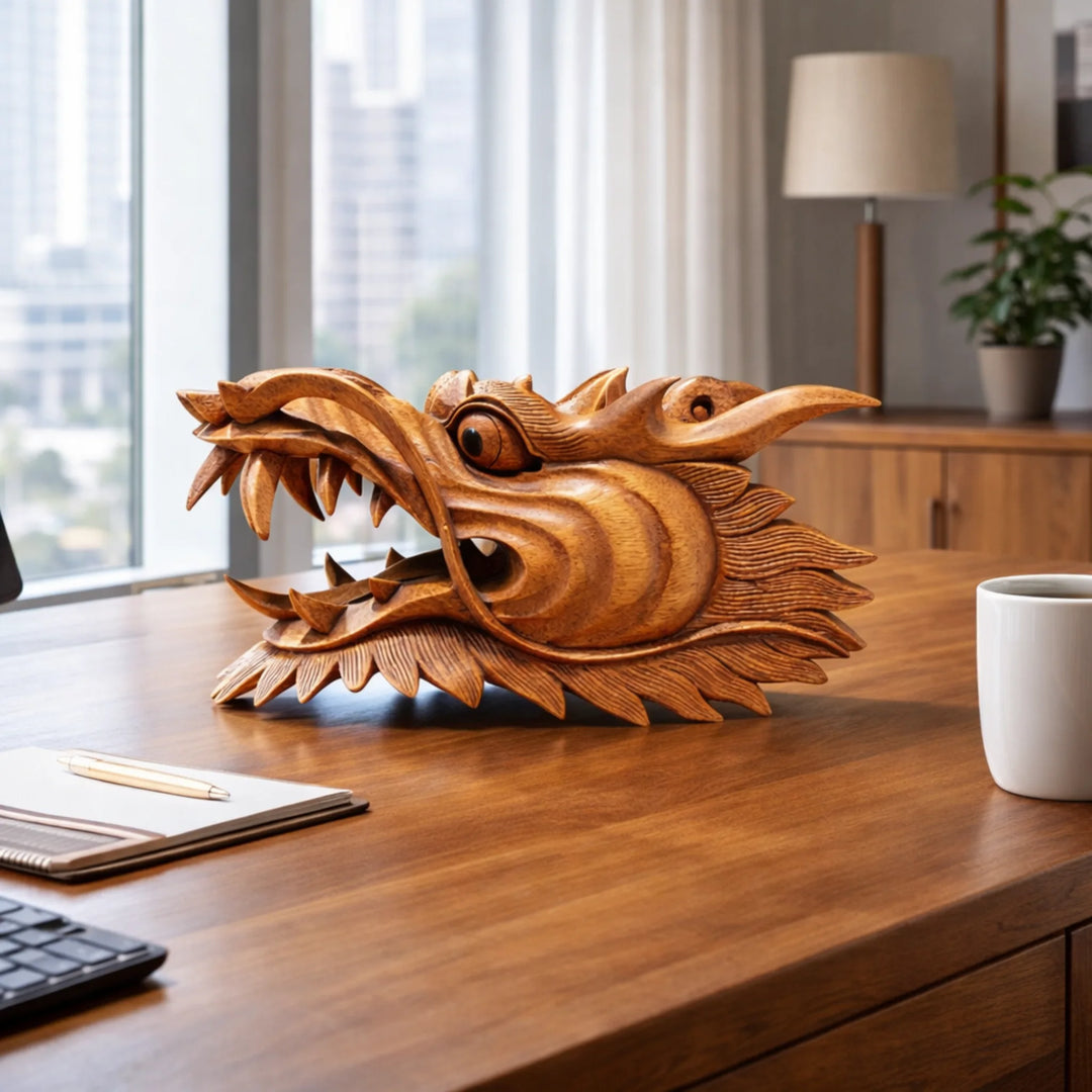 Tisch Deko Drache aus Holz 33 cm – handgeschnitzte Drachen Statue aus massivem Akazienholz als asiatische Tischdekoration für Wohnzimmer, Büro, Praxis oder Empfang in der Schweiz