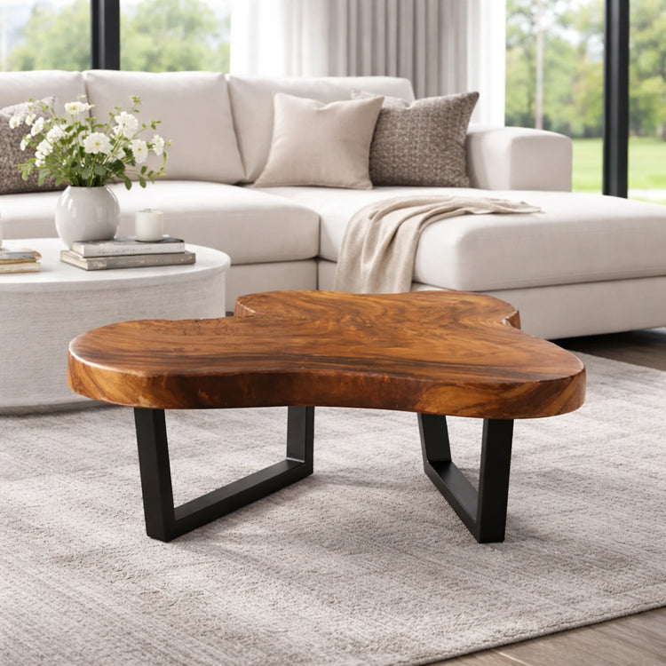 Wohnzimmertisch aus massiver Akazien-Baumscheibe (100 x 90 x 43 cm, 8 cm starke Platte) mit Baumkante und organischer Naturform, naturbelassenes Massivholz-Unikat als Couchtisch für L- oder U-Sofa im Schweizer Wohnzimmer