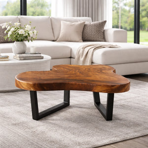 Wohnzimmertisch aus massiver Akazien-Baumscheibe (100 x 90 x 43 cm, 8 cm starke Platte) mit Baumkante und organischer Naturform, naturbelassenes Massivholz-Unikat als Couchtisch für L- oder U-Sofa im Schweizer Wohnzimmer