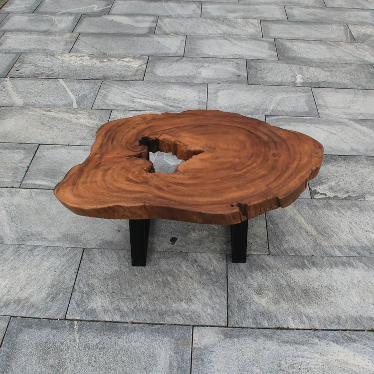 Ovaler Tisch aus einem Akazien-Baumstamm (Baumscheibe, 110 x 75 x 43 cm, ca. 8 cm starke Platte) mit Naturkante und offener Baumöffnung, pflegeleichtes Massivholz-Unikat für Wohnzimmer, Lounge oder Wintergarten in der Schweiz
