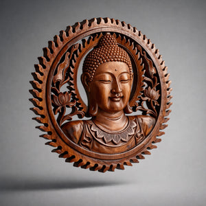 Rundes Buddha Wandrelief Holz 40cm – handgeschnitzter Buddha Kopf aus massivem Akazienholz als asiatische Wanddeko für Wohnzimmer, Flur, Meditationsraum oder Praxis, erhältlich im Buddha Deko Shop Schweiz.
