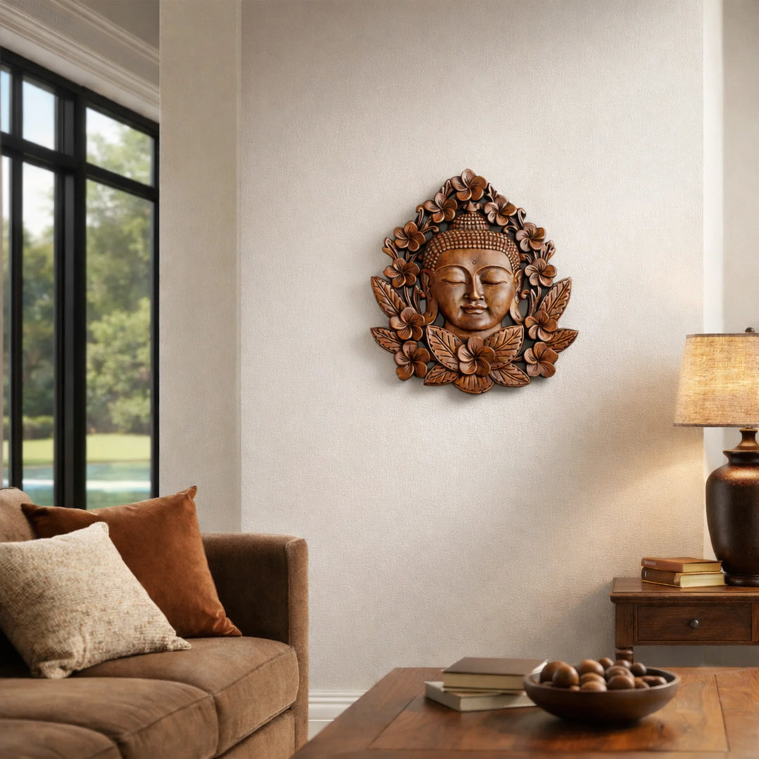 Wand Buddha Deko Holz 35 cm – handgeschnitzter Buddha Kopf aus massivem Akazienholz als natürliche Wanddeko für Wohnzimmer, Flur, Meditationsraum, Büro oder Yoga-Studio in der Schweiz