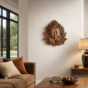 Wand Buddha Deko Holz 35 cm – handgeschnitzter Buddha Kopf aus massivem Akazienholz als natürliche Wanddeko für Wohnzimmer, Flur, Meditationsraum, Büro oder Yoga-Studio in der Schweiz