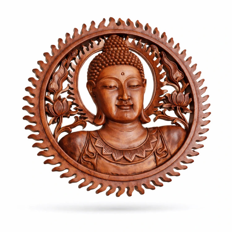 Rundes Buddha Wandrelief Holz 40cm – handgeschnitzter Buddha Kopf aus massivem Akazienholz als asiatische Wanddeko für Wohnzimmer, Flur, Meditationsraum oder Praxis, erhältlich im Buddha Deko Shop Schweiz.