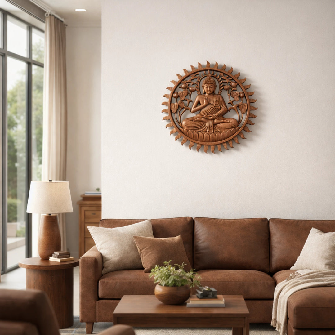`Rundes Buddha Wandrelief 50 cm aus handgeschnitztem Akazienholz, sitzende Buddha Figur als natürliche Wanddeko für Wohnzimmer, Meditationsraum oder Yoga-Studio in der Schweiz