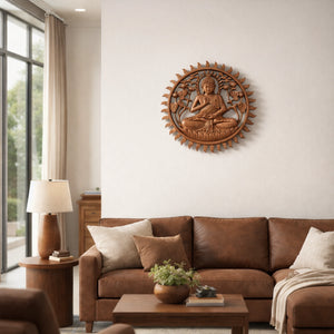 `Rundes Buddha Wandrelief 50 cm aus handgeschnitztem Akazienholz, sitzende Buddha Figur als natürliche Wanddeko für Wohnzimmer, Meditationsraum oder Yoga-Studio in der Schweiz