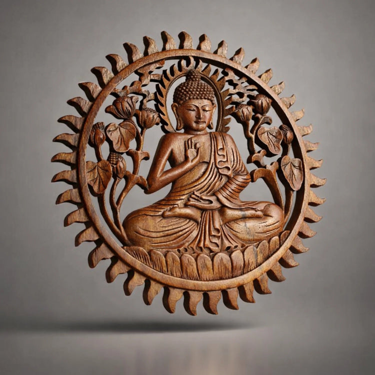 Rundes Buddha Wandrelief 50 cm aus handgeschnitztem Akazienholz, sitzende Buddha Figur als natürliche Wanddeko für Wohnzimmer, Meditationsraum oder Yoga-Studio in der Schweiz