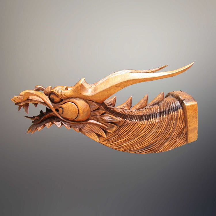 Wand Deko Drache aus Holz 33 cm – handgeschnitzte Drachen Statue aus massivem Akazienholz als asiatische Wanddekoration für Wohnzimmer, Treppenhaus, Flur oder Praxis in der Schweiz