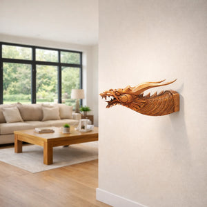 Wand Deko Drache aus Holz 33 cm – handgeschnitzte Drachen Statue aus massivem Akazienholz als asiatische Wanddekoration für Wohnzimmer, Treppenhaus, Flur oder Praxis in der Schweiz`