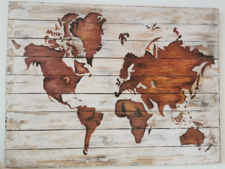 Weltkarte Malerei aus Holz, großes Weltkarte aus Holz 120cm